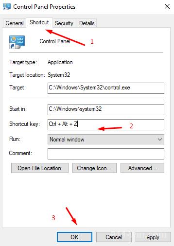 In Control Panel Properties input Shortcut key and click Ok button