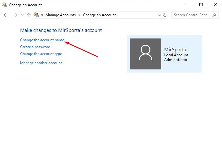 In Account click on change the account name