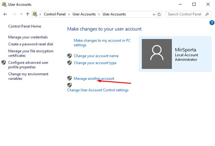 In User Accounts window click on the line: Manage another account