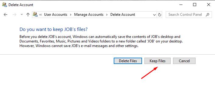 You can delete account but keep user Files 