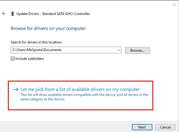 Select: Let me pick from a list of available drivers on my computer