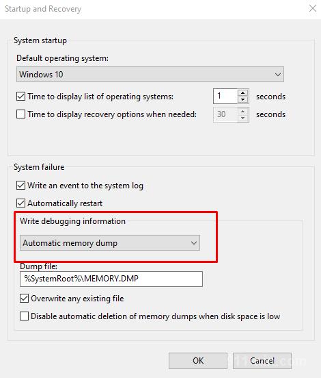 In the System Failure select Automatic memory dump 