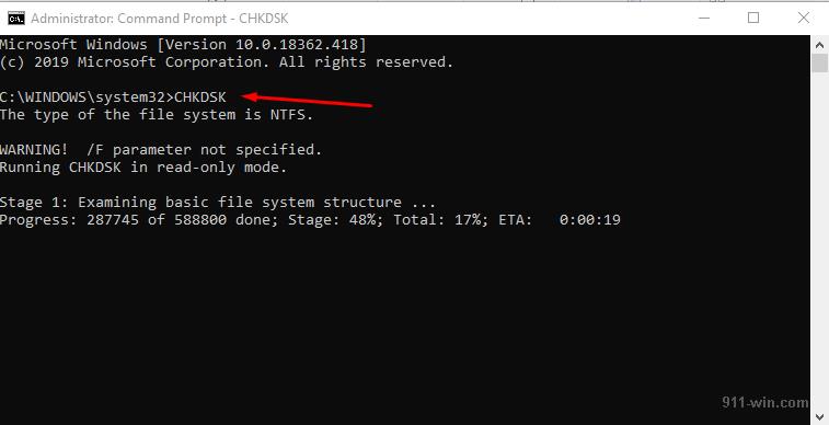 Check the hard disk/solid state drive with CHKDSK utility