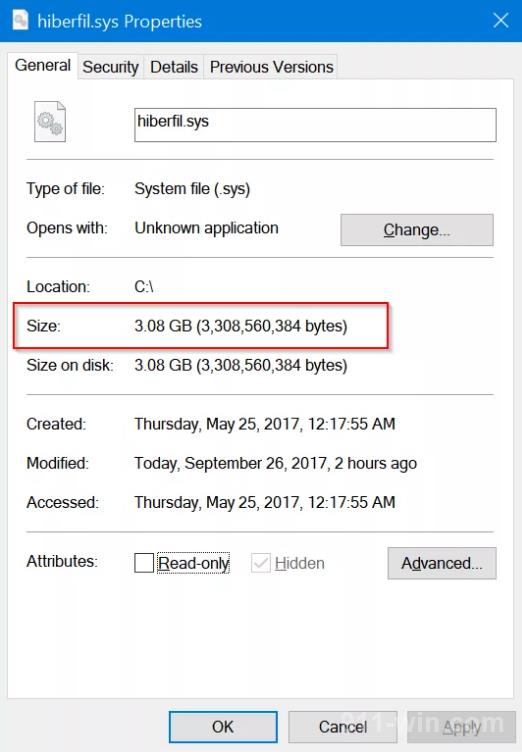 Size hiberfil.sys - you can delete this file after disabled hibernation